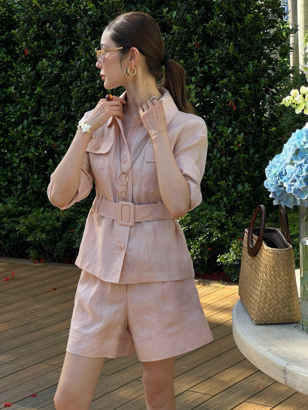Belted Linen Jacket and Shorts Set – Pure Linen Shirt-Jacket and High-Waisted A-Line Shorts