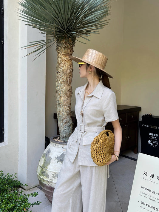 Jondal Linen Set – Raw Oatmeal-Beige Organic Italian Linen Shirt and Pleated Wide-Leg Trousers