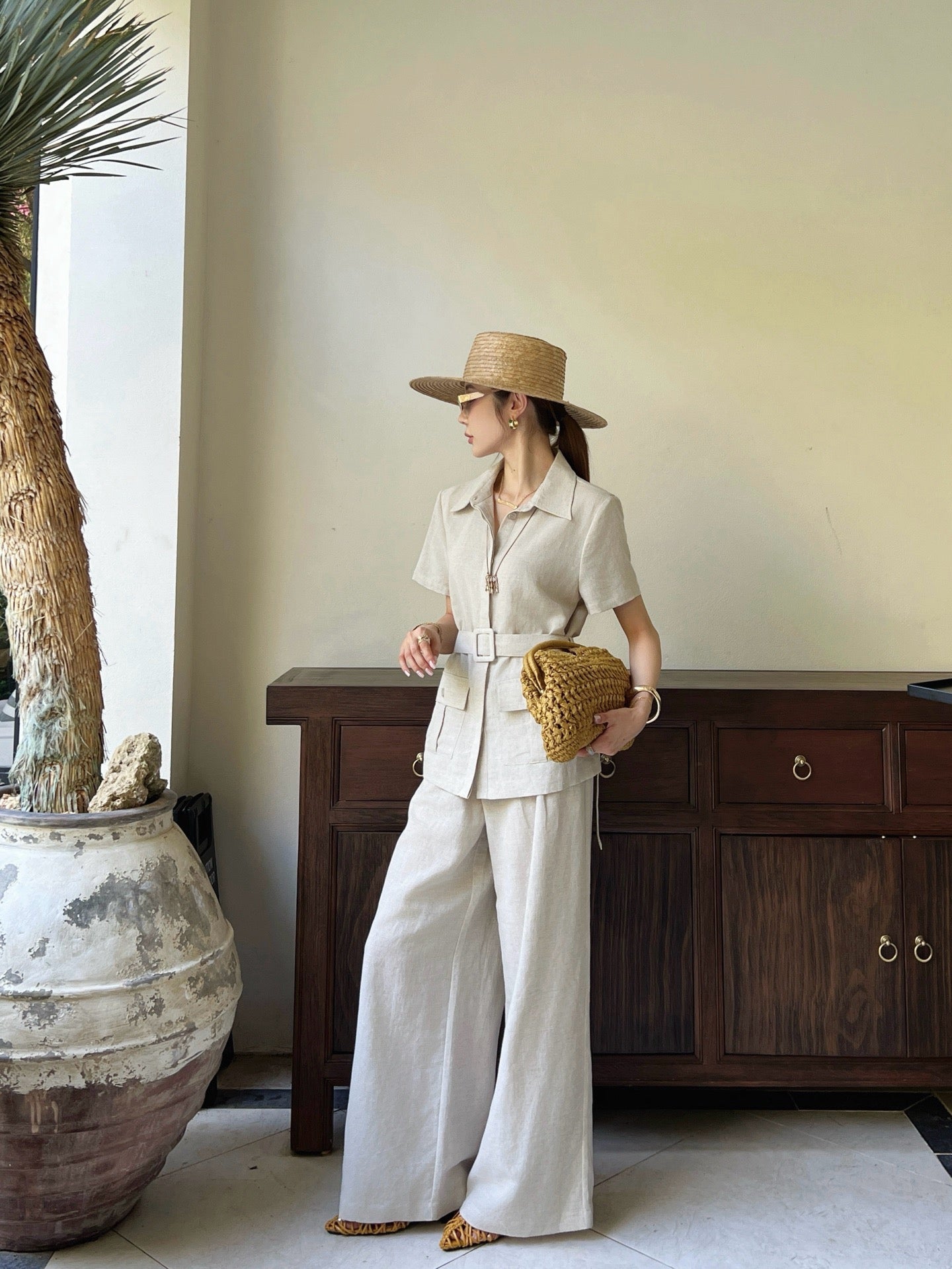 Jondal Linen Set – Raw Oatmeal-Beige Organic Italian Linen Shirt and Pleated Wide-Leg Trousers