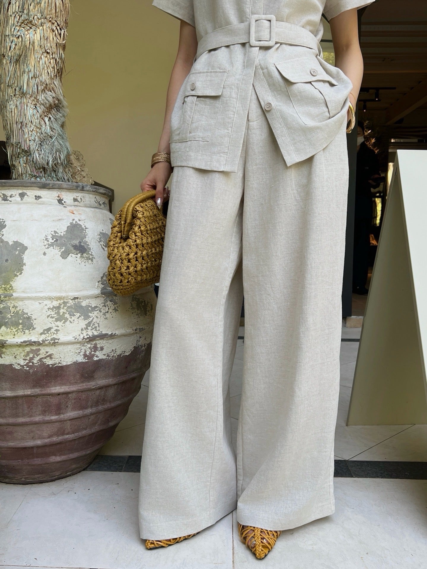 Jondal Linen Set – Raw Oatmeal-Beige Organic Italian Linen Shirt and Pleated Wide-Leg Trousers
