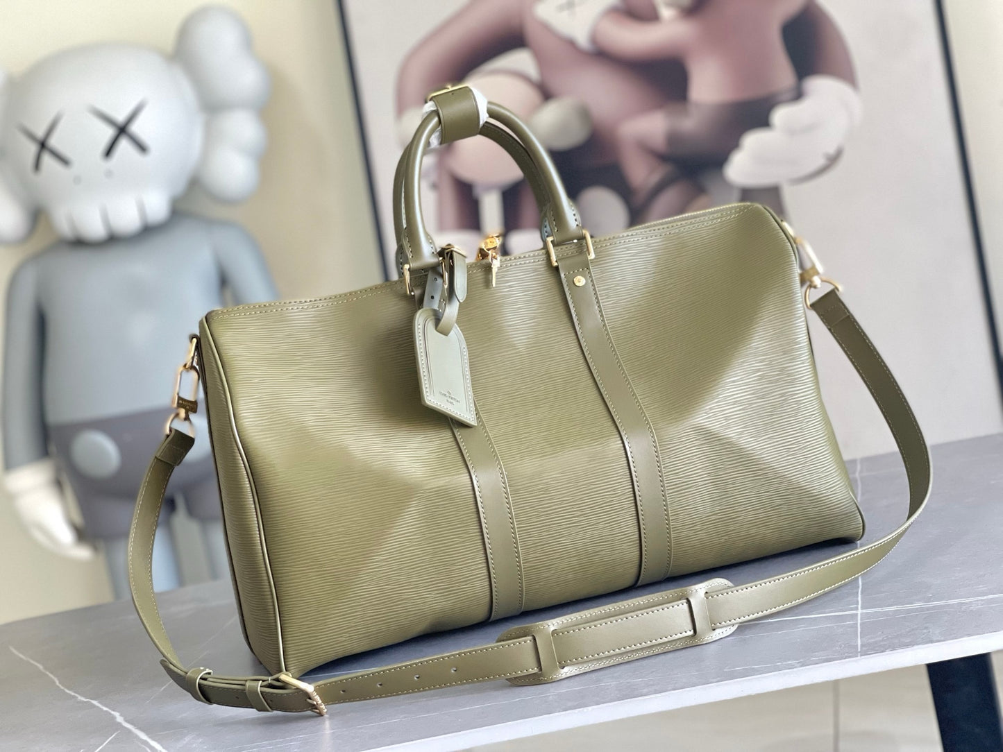 LV Keepall Bandoulière 45 – Olive Khaki Epi Leather Travel Duffel with Smooth Leather Trim