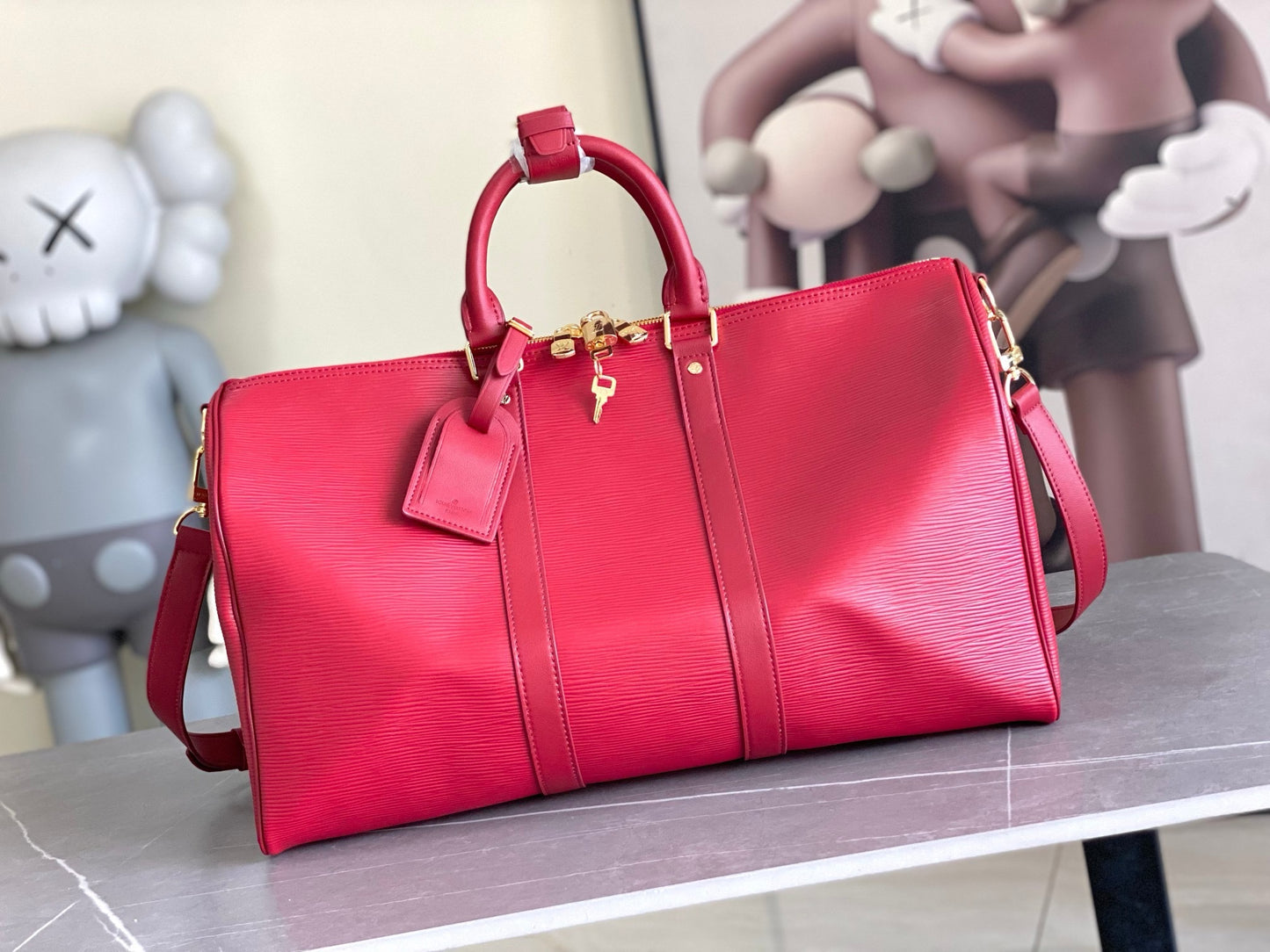 LV Keepall Bandoulière 45 – Crimson Red Epi Leather Travel Duffel with Smooth Leather Trim