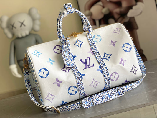 Louis Vuitton Monogram Tiles Keepall Bandoulière 50 – White Coated Canvas Travel Duffel