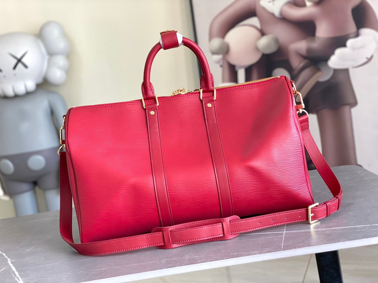 LV Keepall Bandoulière 45 – Crimson Red Epi Leather Travel Duffel with Smooth Leather Trim