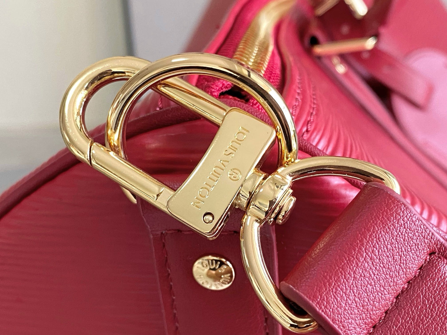 LV Keepall Bandoulière 45 – Crimson Red Epi Leather Travel Duffel with Smooth Leather Trim