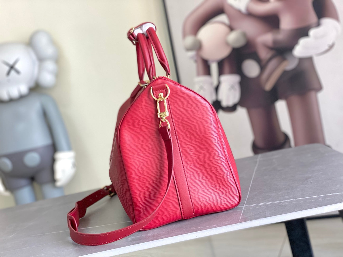 LV Keepall Bandoulière 45 – Crimson Red Epi Leather Travel Duffel with Smooth Leather Trim