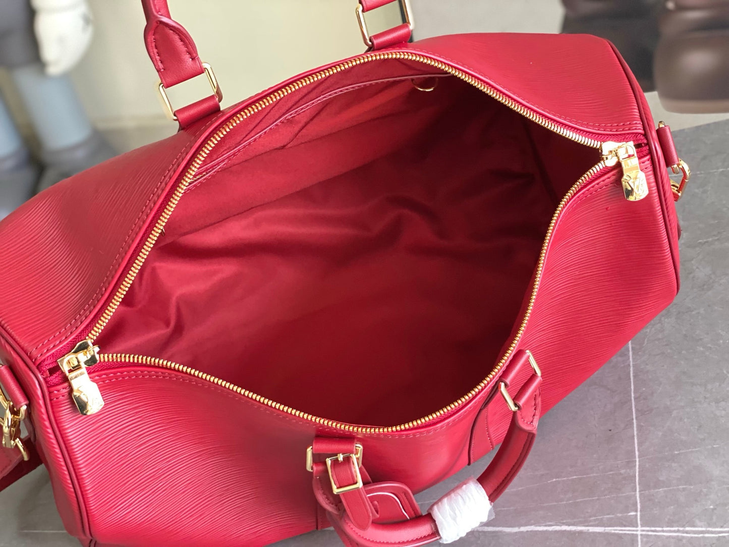 LV Keepall Bandoulière 45 – Crimson Red Epi Leather Travel Duffel with Smooth Leather Trim