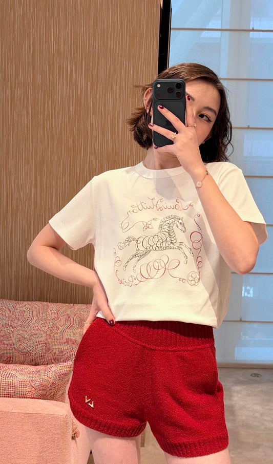 LV Horse Print T-Shirt – Milky White Long-Staple Cotton Crewneck