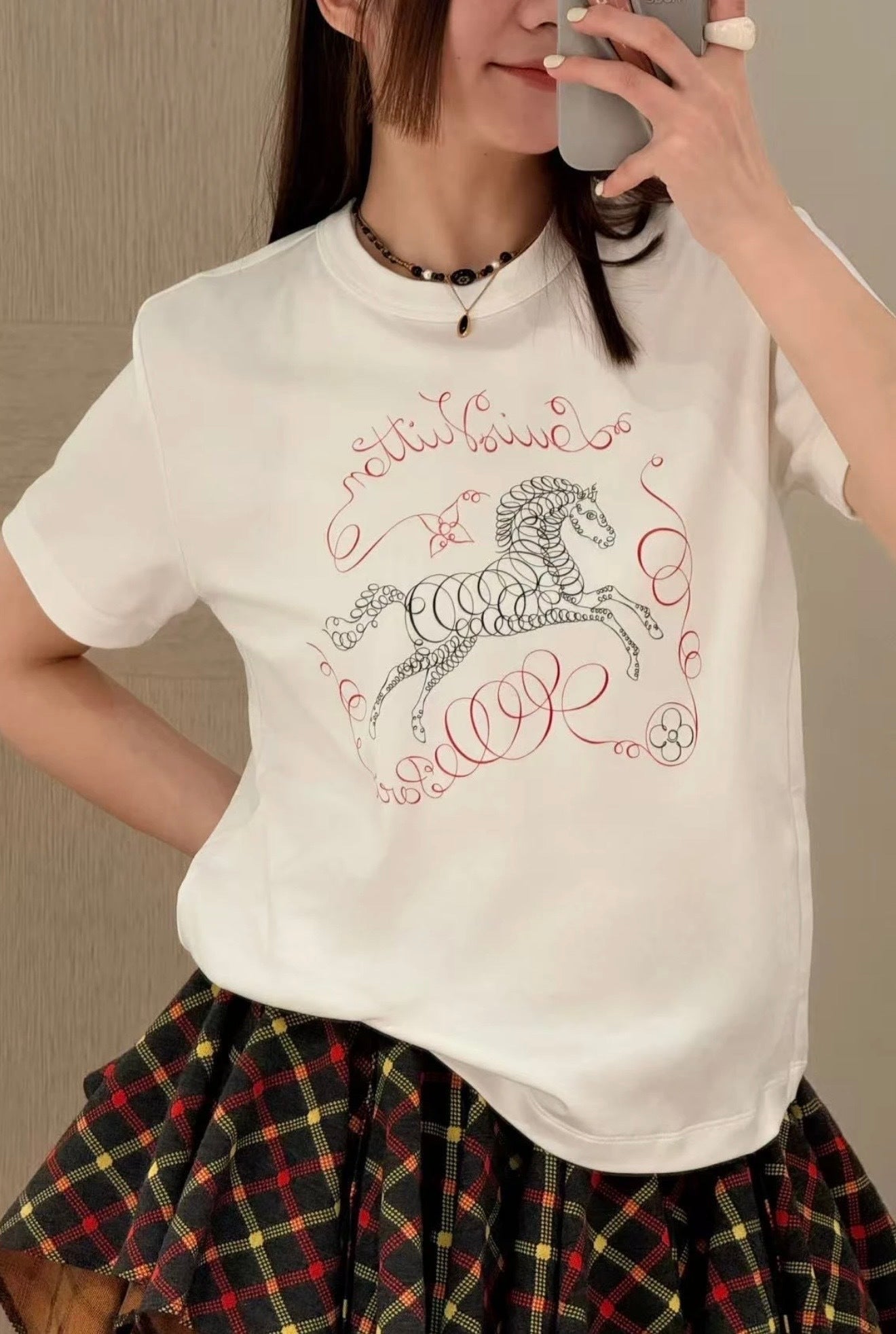 LV Horse Print T-Shirt – Milky White Long-Staple Cotton Crewneck