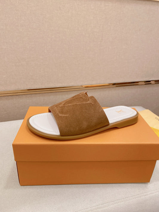 Isola Flat Mule – Cognac Calf Suede Slide Sandals with Cut-Out LV Circle Patch