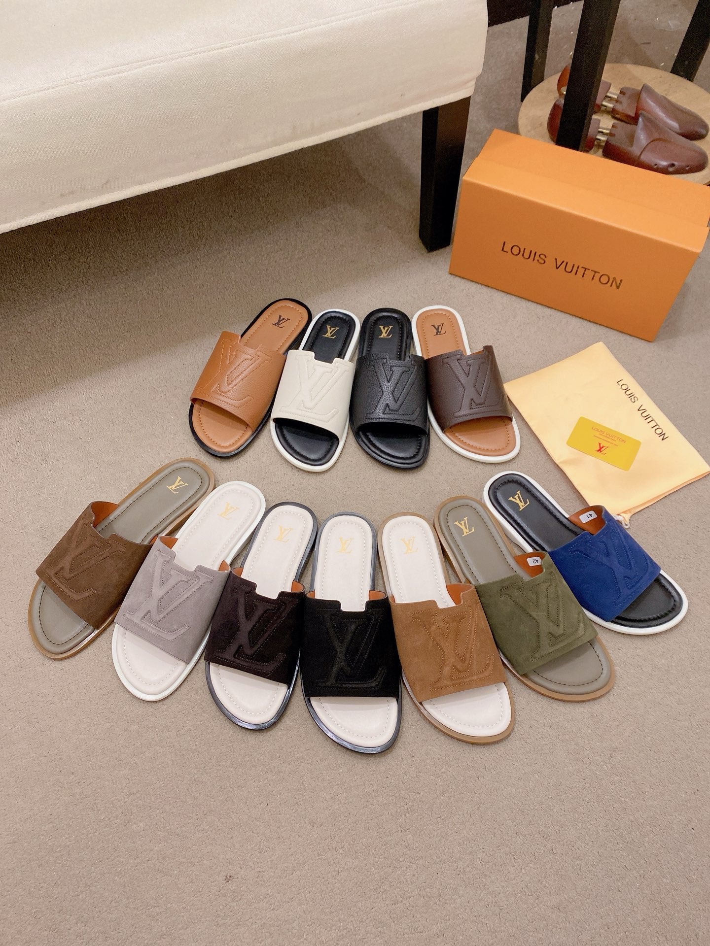 Isola Flat Mule – Cognac Calf Suede Slide Sandals with Cut-Out LV Circle Patch