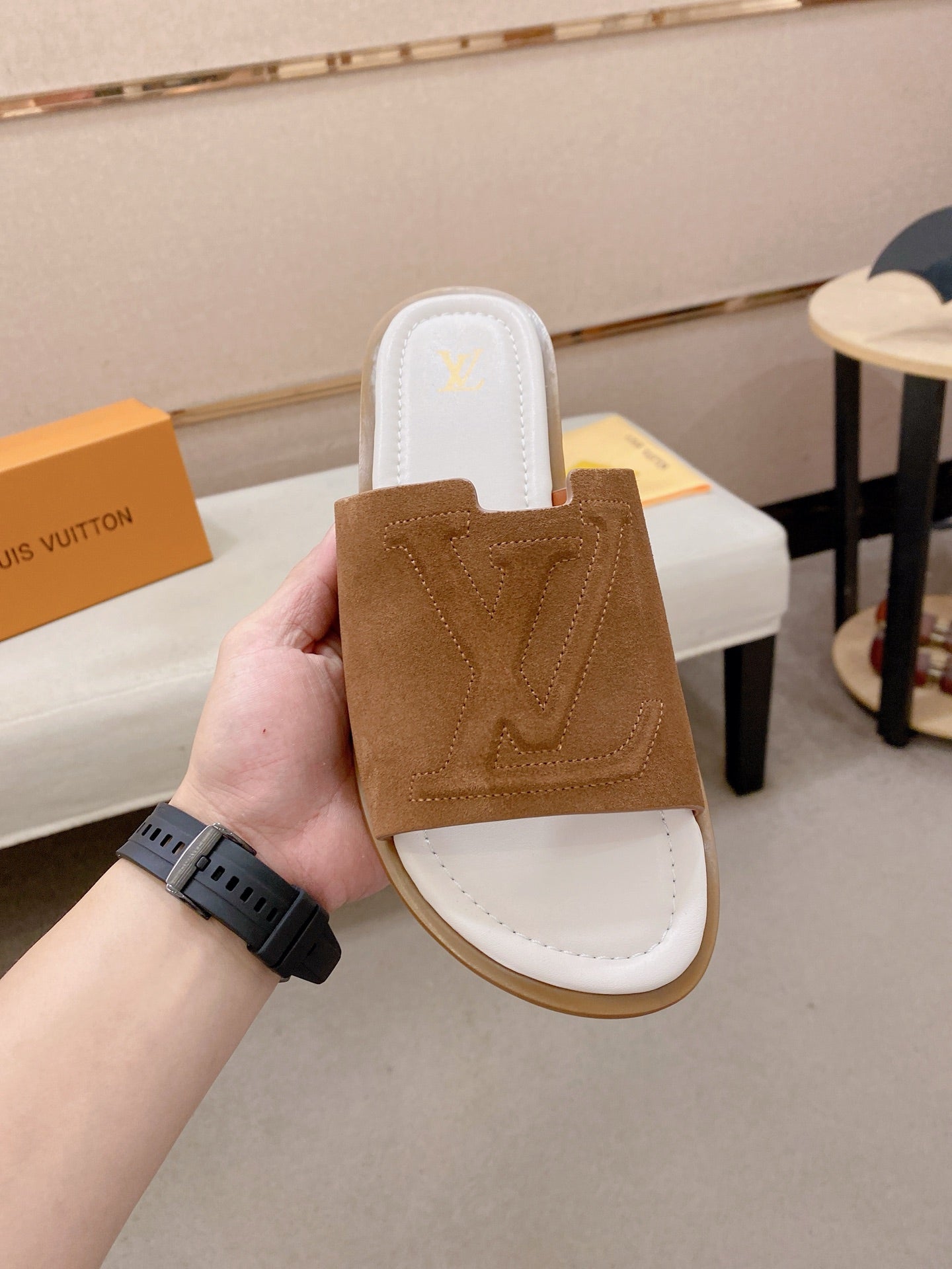 Isola Flat Mule – Cognac Calf Suede Slide Sandals with Cut-Out LV Circle Patch