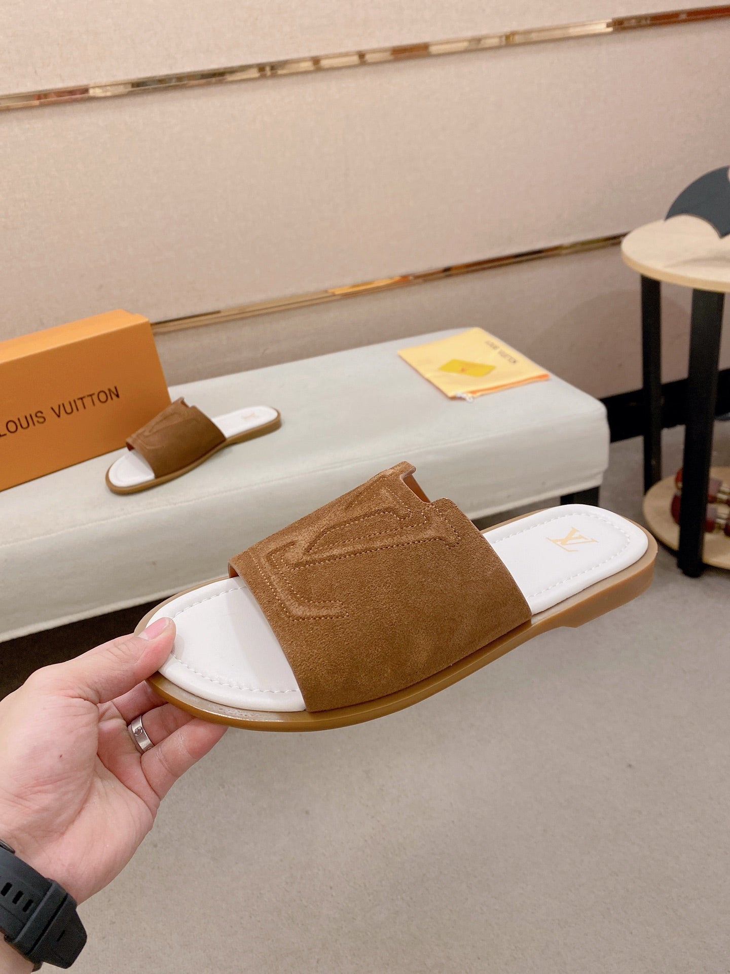 Isola Flat Mule – Cognac Calf Suede Slide Sandals with Cut-Out LV Circle Patch