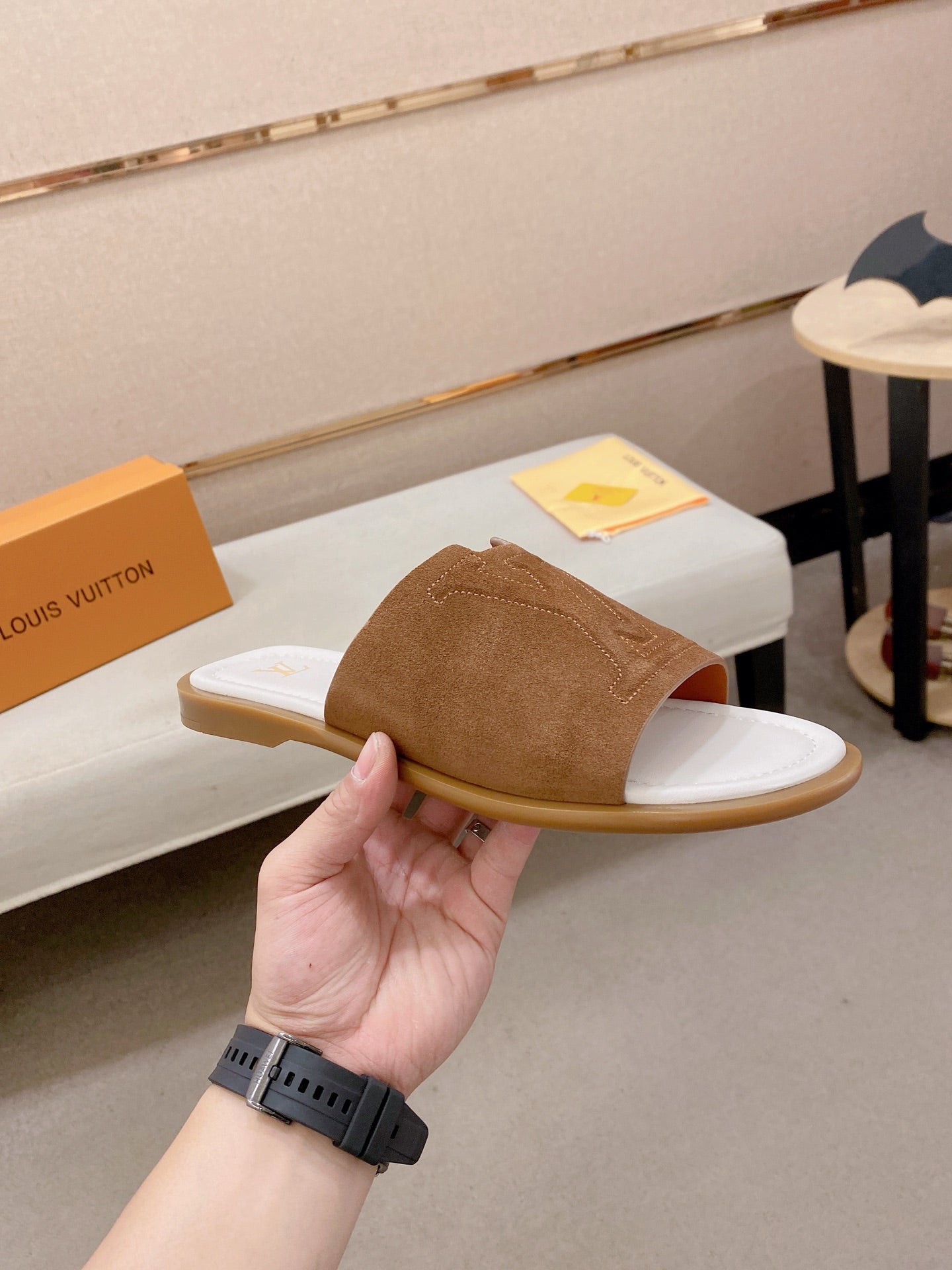 Isola Flat Mule – Cognac Calf Suede Slide Sandals with Cut-Out LV Circle Patch