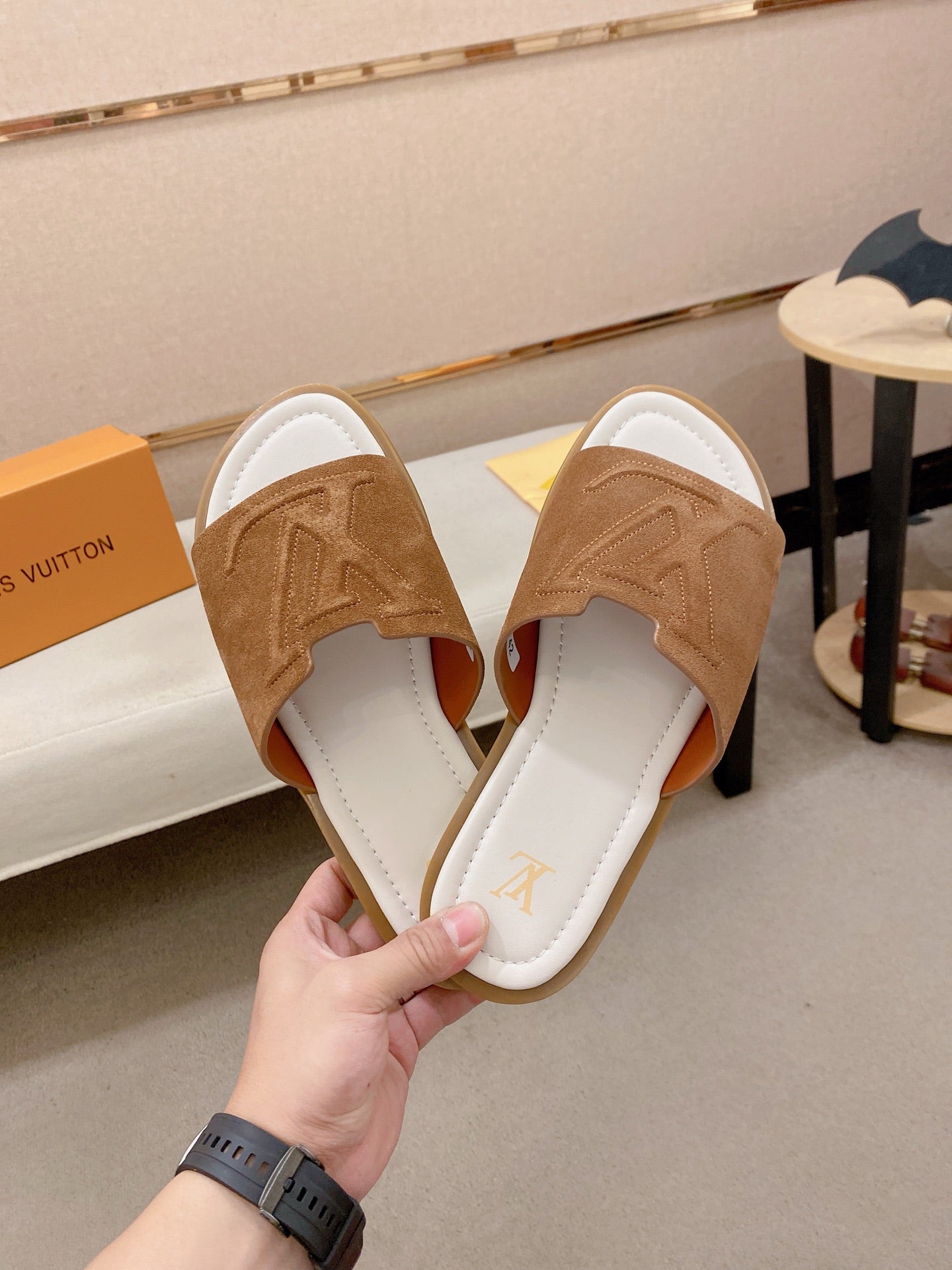 Isola Flat Mule – Cognac Calf Suede Slide Sandals with Cut-Out LV Circle Patch