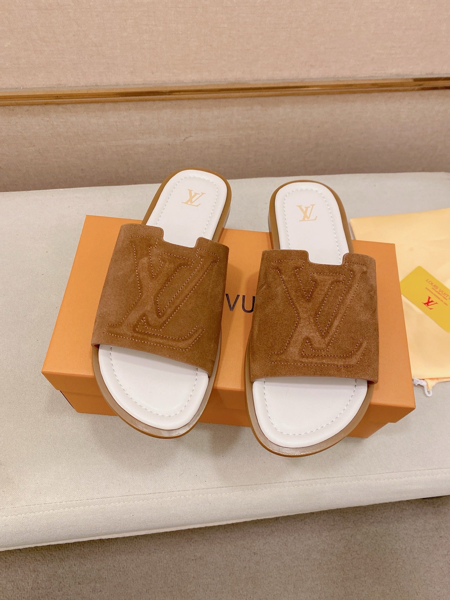 Isola Flat Mule – Cognac Calf Suede Slide Sandals with Cut-Out LV Circle Patch