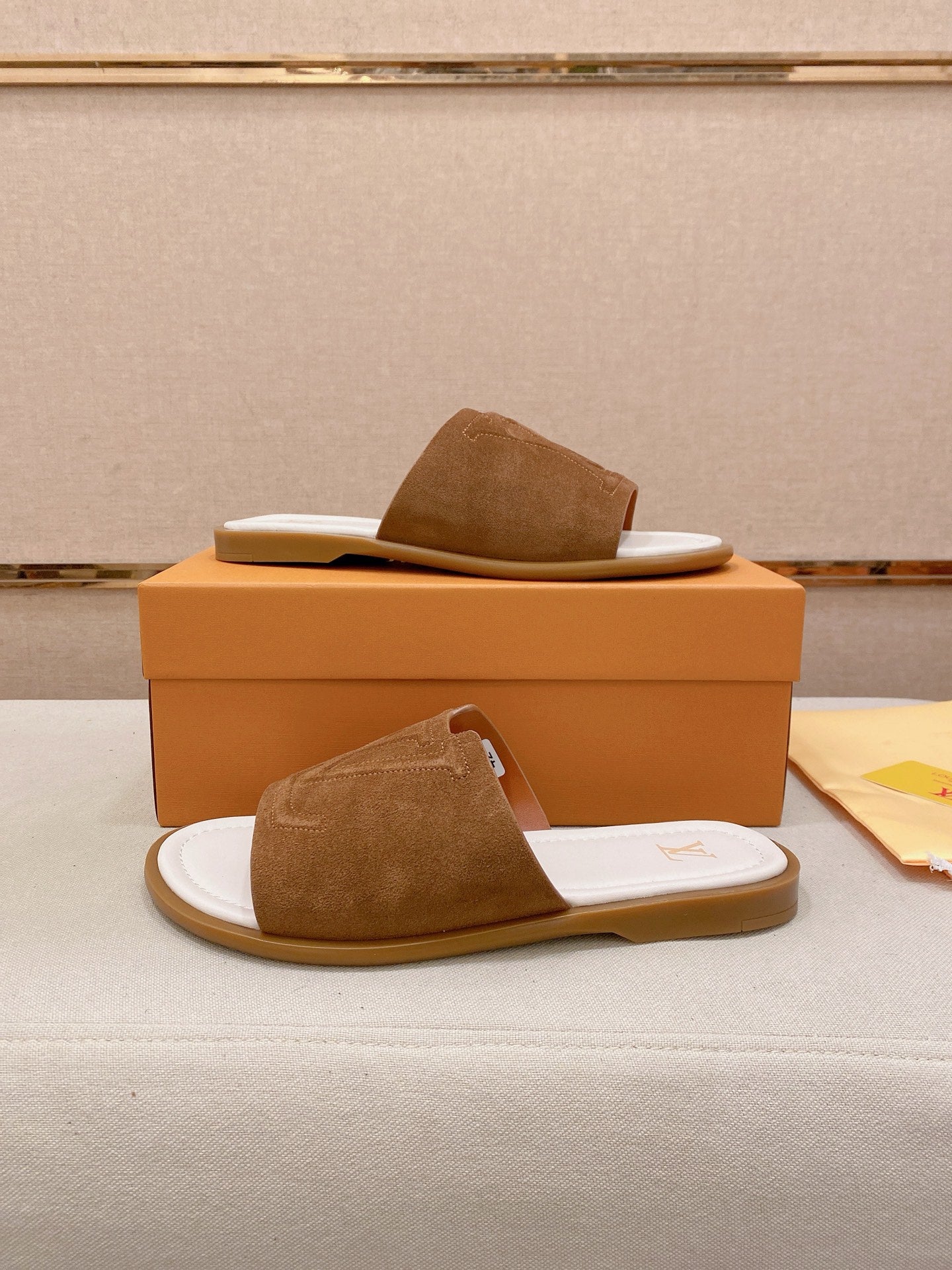 Isola Flat Mule – Cognac Calf Suede Slide Sandals with Cut-Out LV Circle Patch