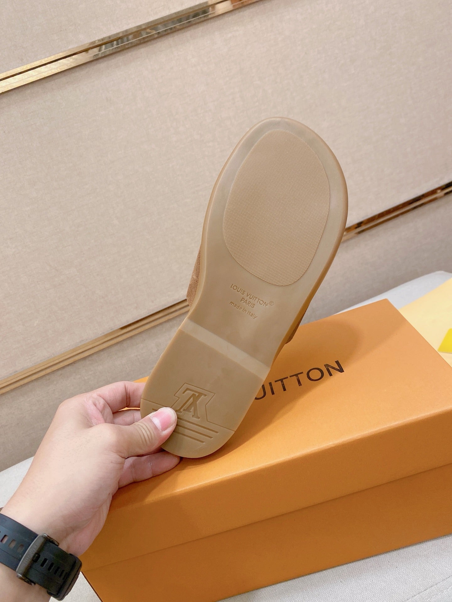 Isola Flat Mule – Cognac Calf Suede Slide Sandals with Cut-Out LV Circle Patch