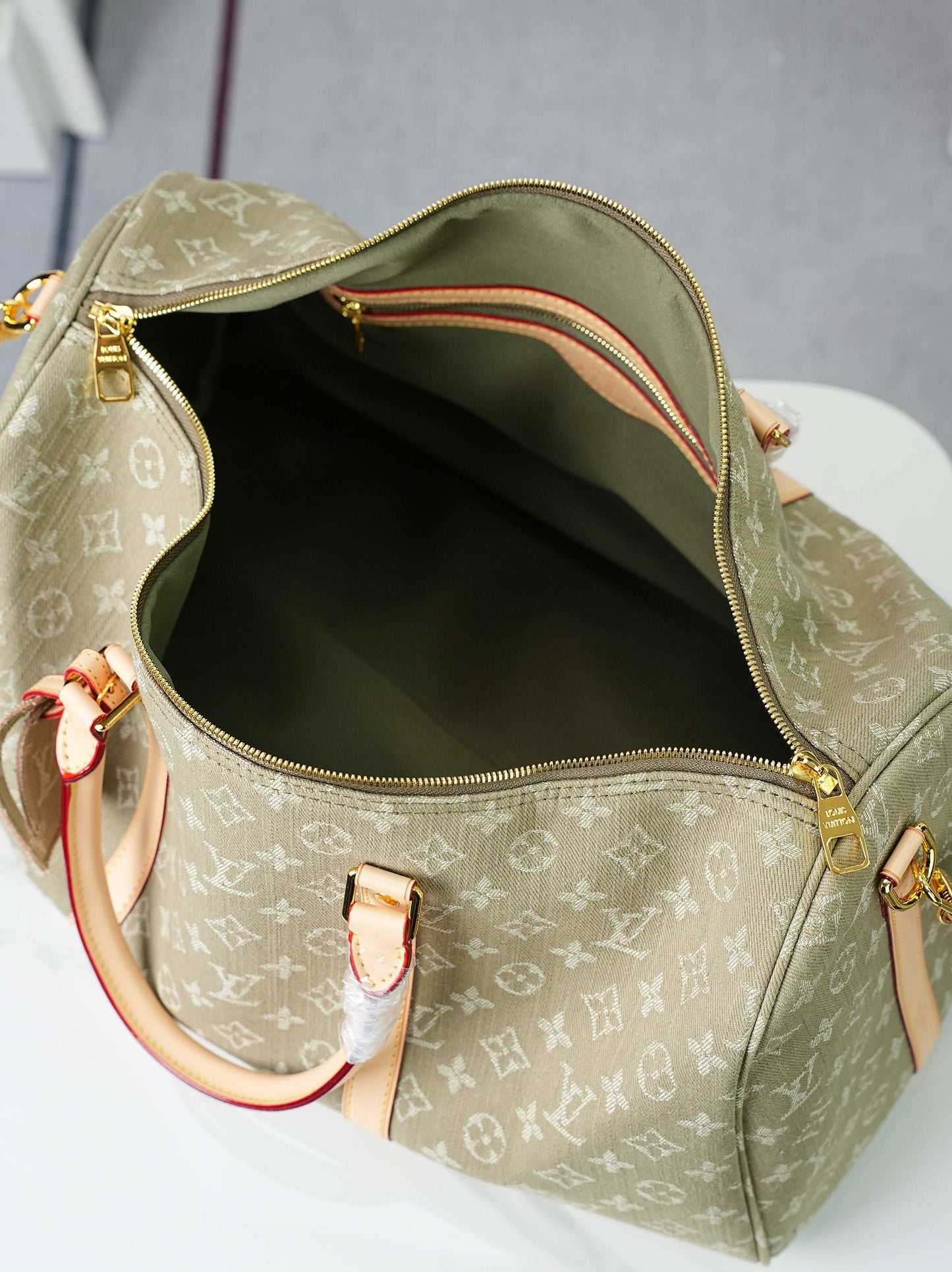 LV Monogram Denim Keepall 45 – Stone-Washed Olive Organic Cotton with Heritage Vachetta