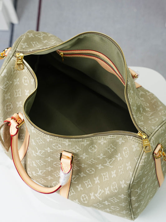 LV Monogram Denim Keepall 45 – Stone-Washed Olive Organic Cotton with Heritage Vachetta