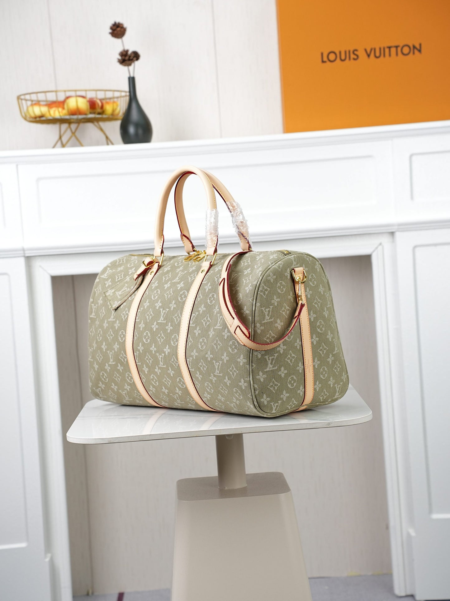 LV Monogram Denim Keepall 45 – Stone-Washed Olive Organic Cotton with Heritage Vachetta