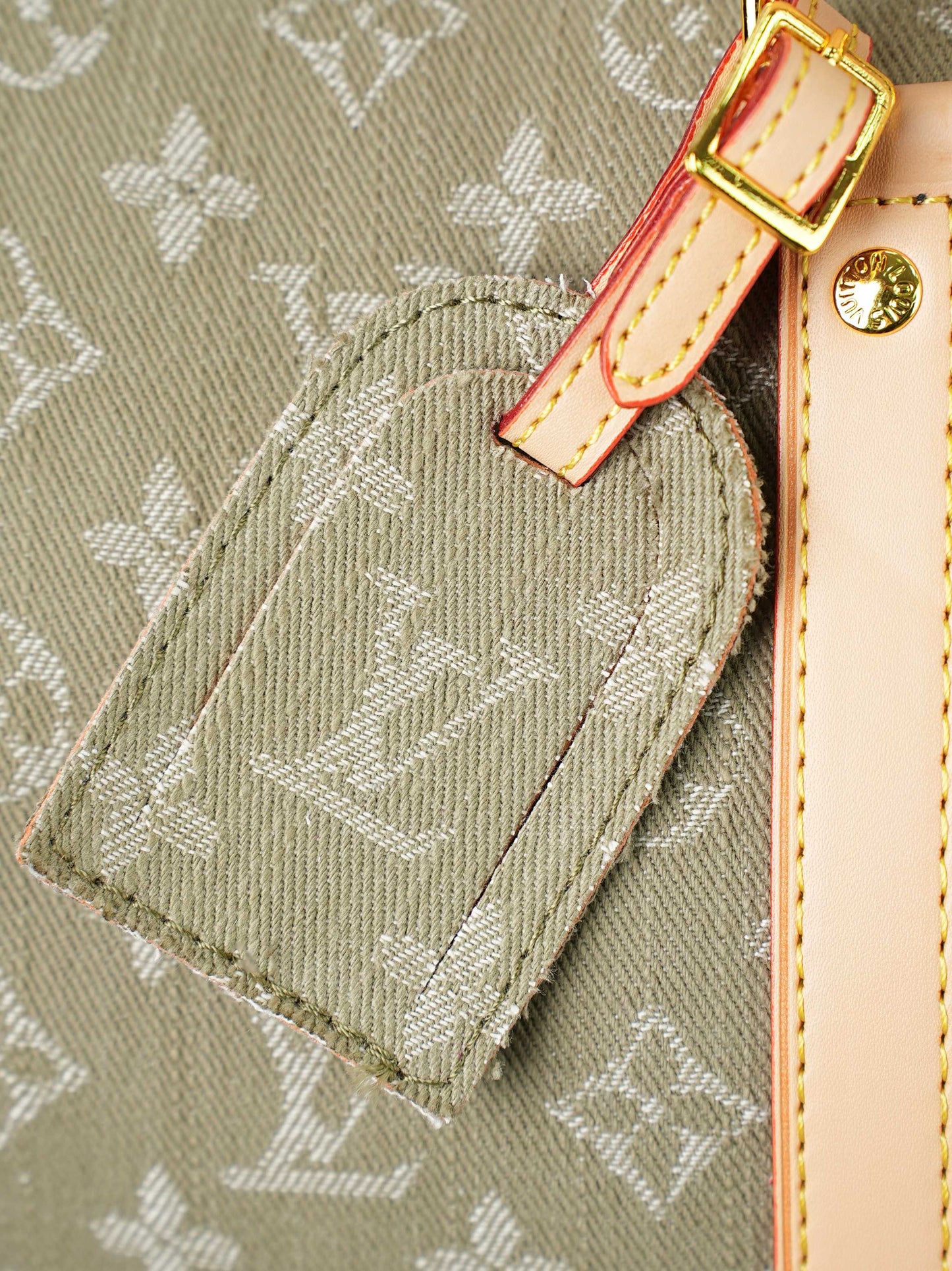 LV Monogram Denim Keepall 45 – Stone-Washed Olive Organic Cotton with Heritage Vachetta