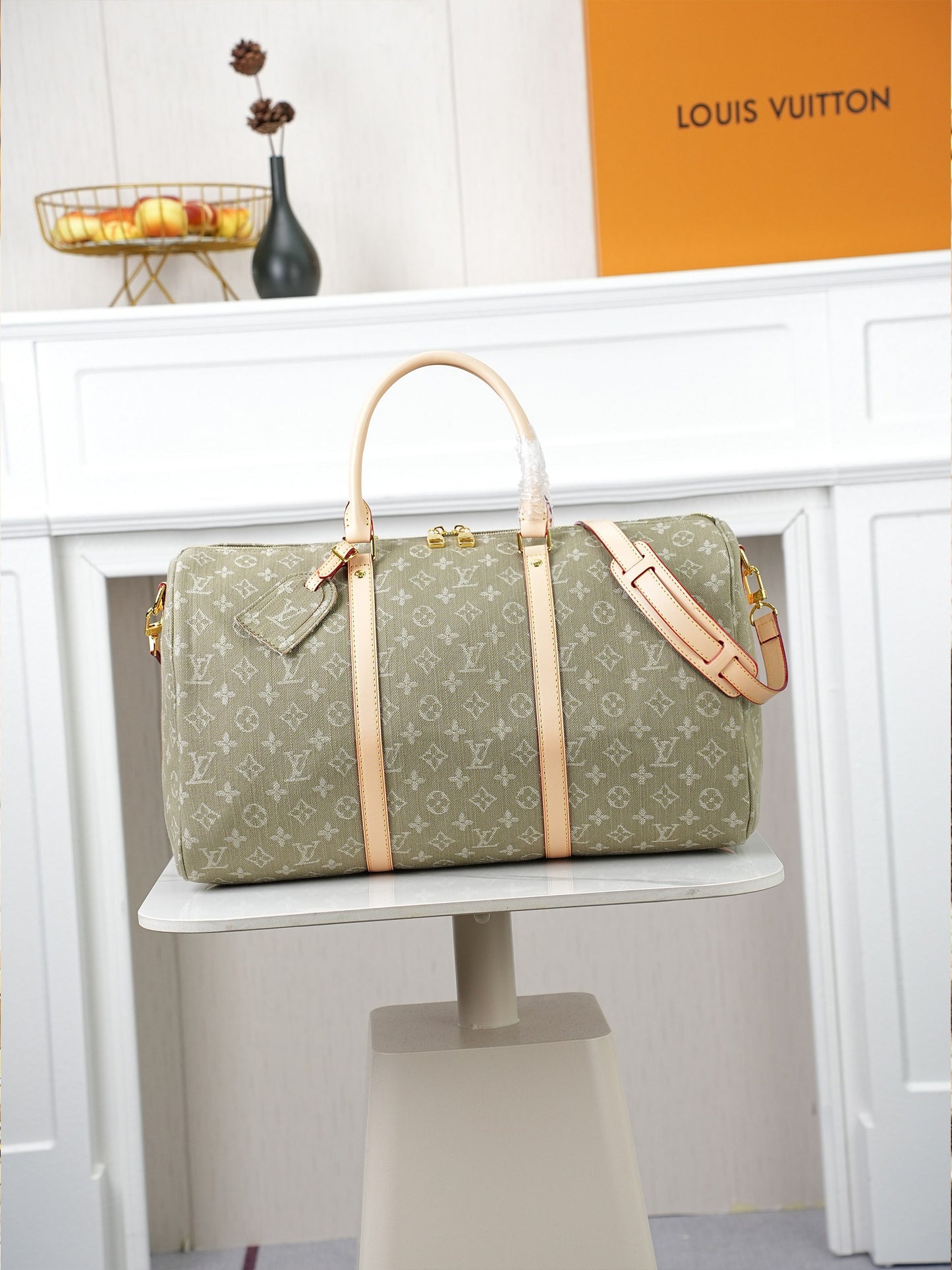 LV Monogram Denim Keepall 45 – Stone-Washed Olive Organic Cotton with Heritage Vachetta