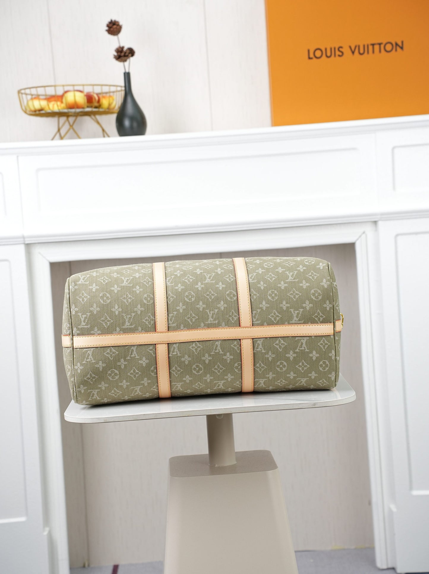 LV Monogram Denim Keepall 45 – Stone-Washed Olive Organic Cotton with Heritage Vachetta