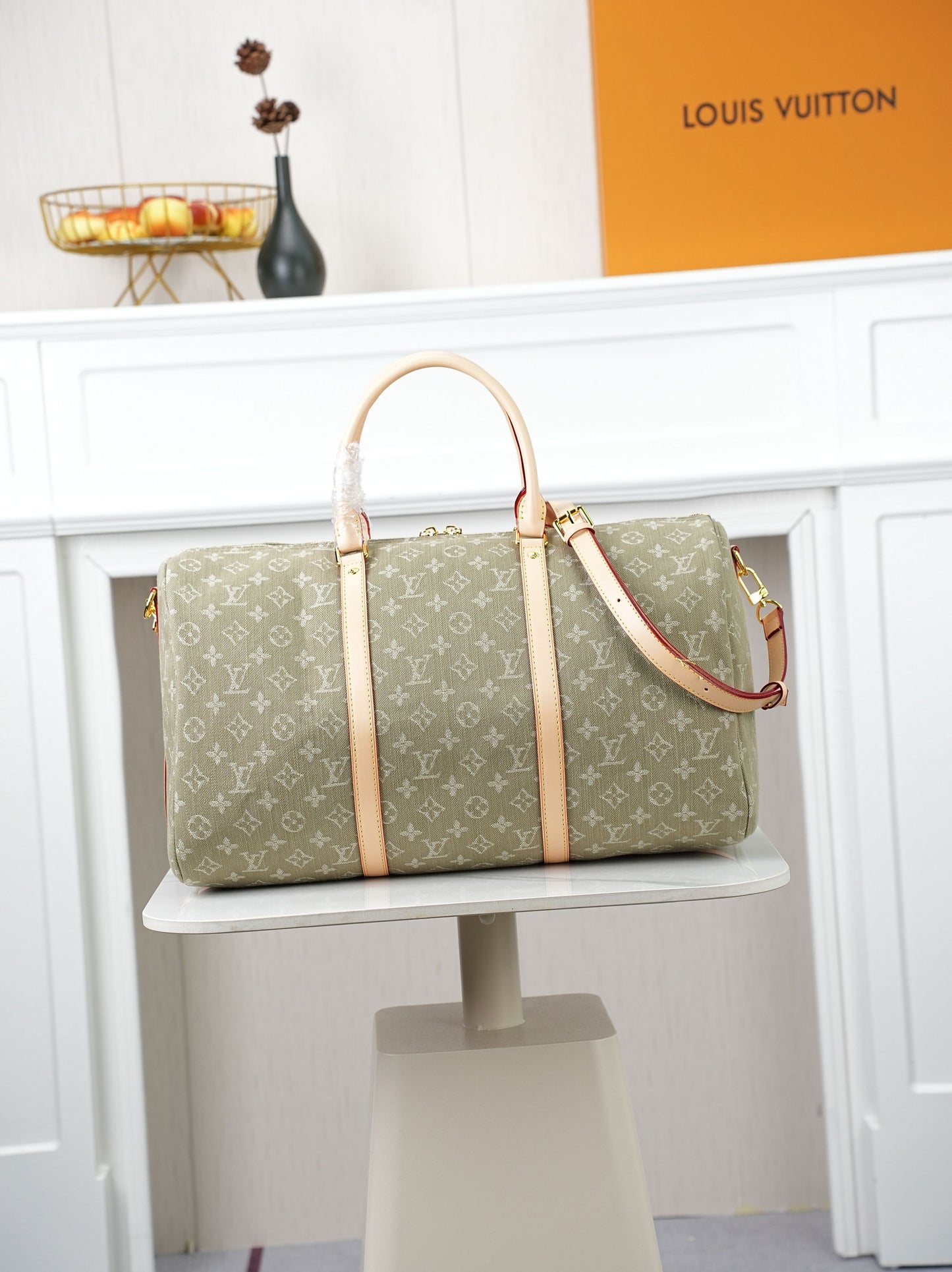 LV Monogram Denim Keepall 45 – Stone-Washed Olive Organic Cotton with Heritage Vachetta
