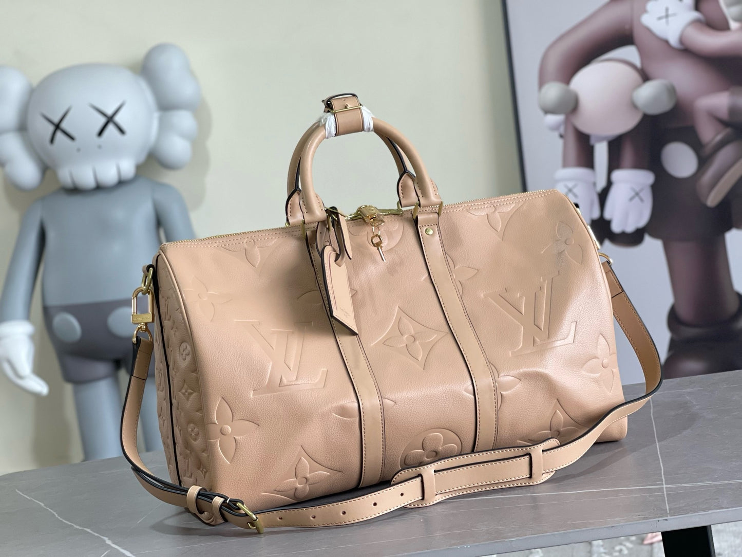 LV Keepall Bandoulière 45 – Tourterelle Taupe-Grey Giant Monogram Empreinte Leather Travel Duffel