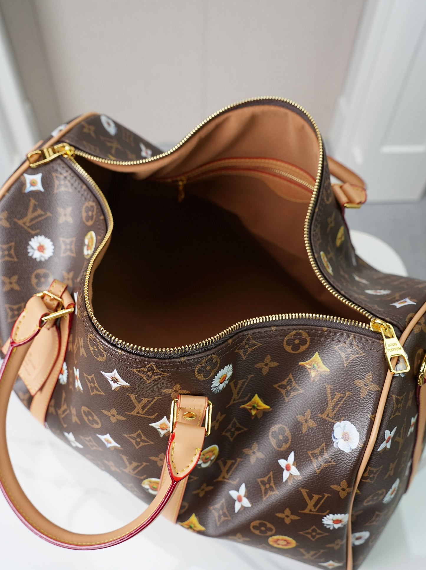 LV x Takashi Murakami Keepall 45 – Flower Monogram Re-edition with Natural Vachetta