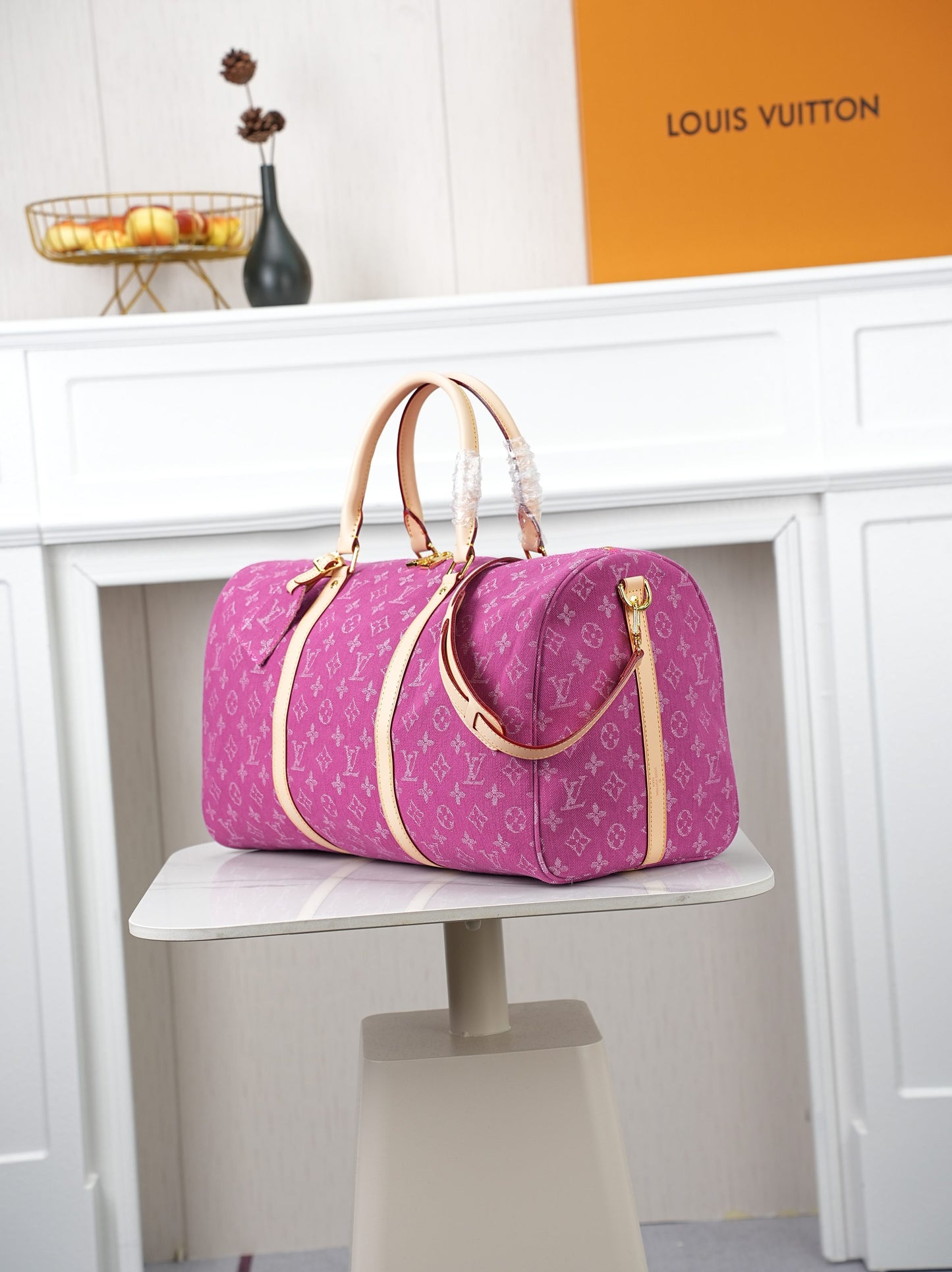 LV Monogram Denim Keepall 45 – Stone-Washed Pink Jacquard Denim with Heritage Vachetta