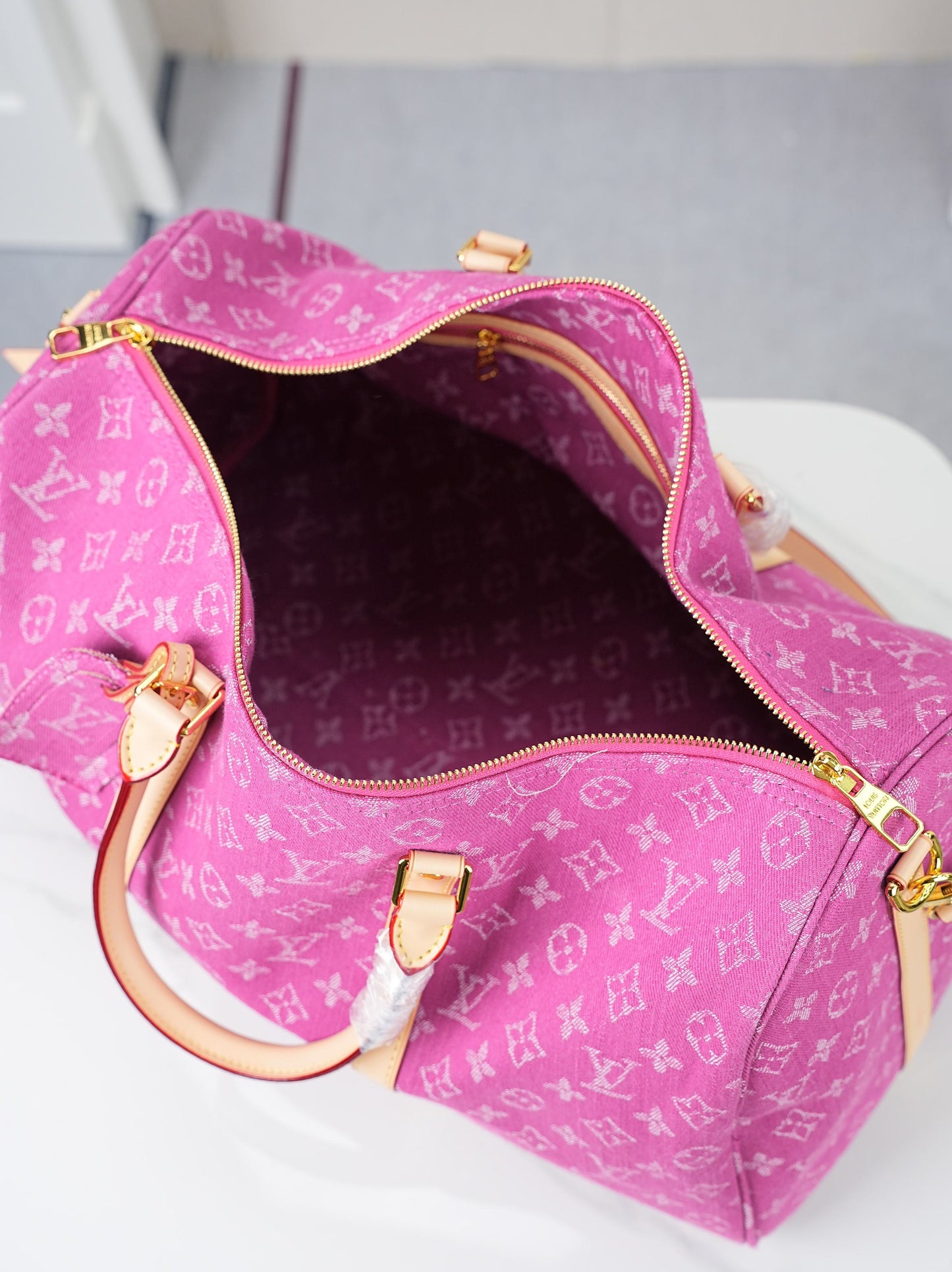 LV Monogram Denim Keepall 45 – Stone-Washed Pink Jacquard Denim with Heritage Vachetta