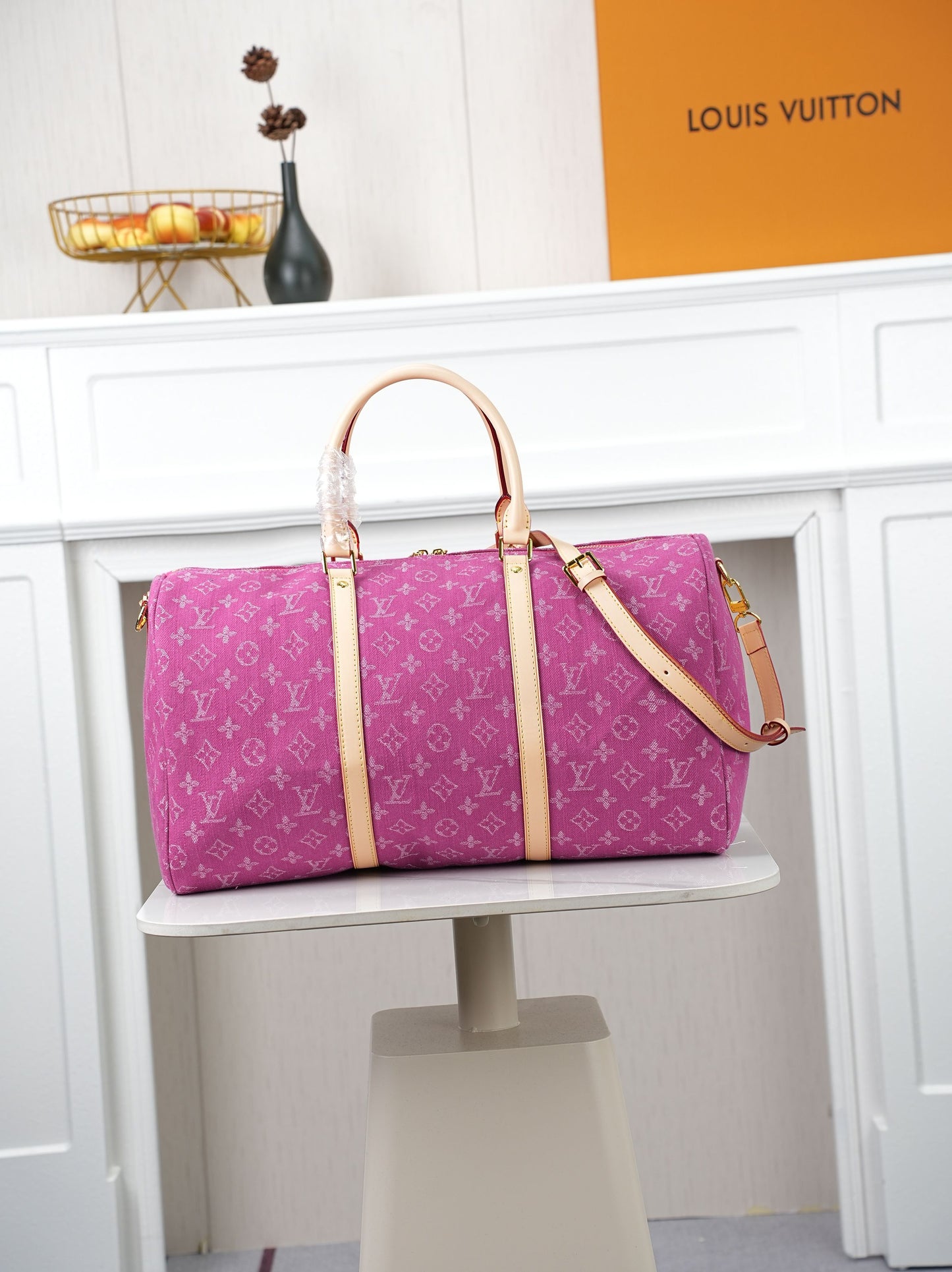 LV Monogram Denim Keepall 45 – Stone-Washed Pink Jacquard Denim with Heritage Vachetta