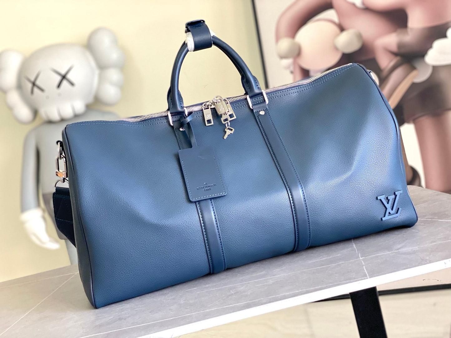 LV Keepall Bandoulière 50 LV Aerogram Blue Duffle Bag – Grained Calf Leather Weekender
