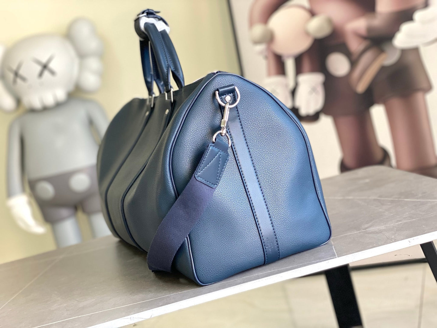 LV Keepall Bandoulière 50 LV Aerogram Blue Duffle Bag – Grained Calf Leather Weekender