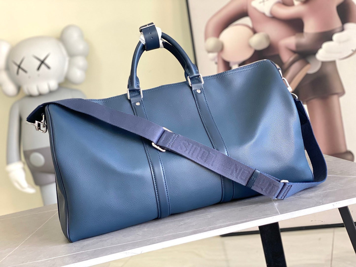 LV Keepall Bandoulière 50 LV Aerogram Blue Duffle Bag – Grained Calf Leather Weekender