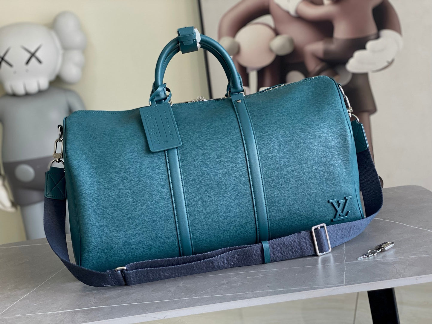 LV Keepall Bandoulière 50  Aerogram Teal Blue Duffle Bag – Grained Calf Leather Weekender