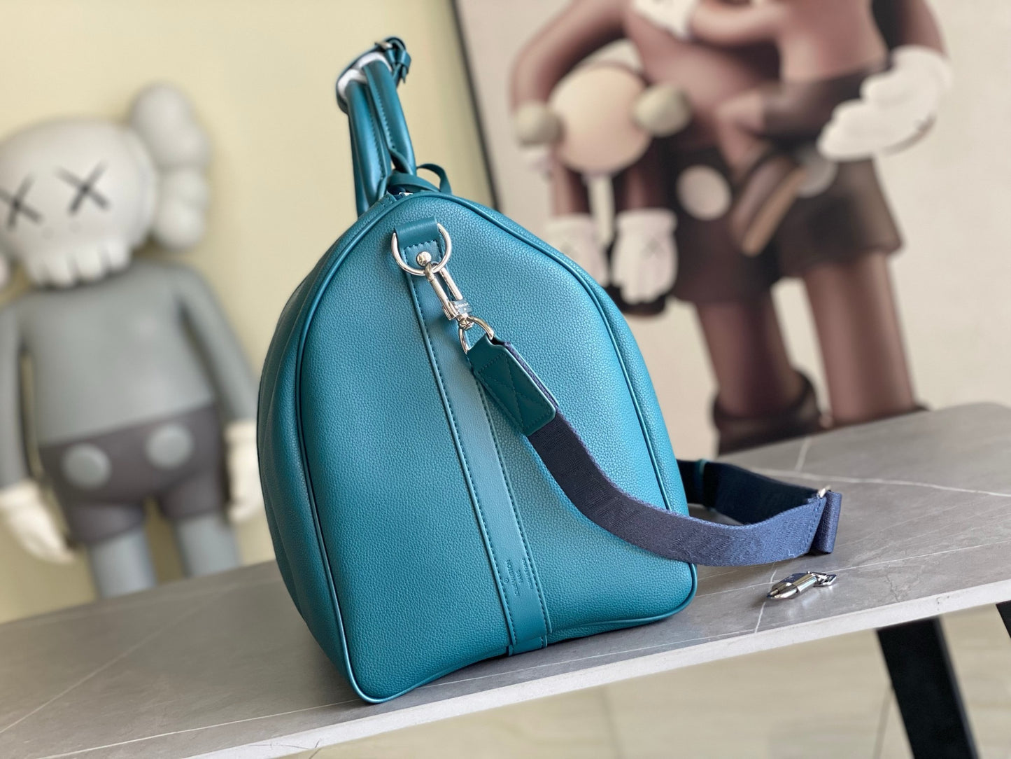 LV Keepall Bandoulière 50  Aerogram Teal Blue Duffle Bag – Grained Calf Leather Weekender