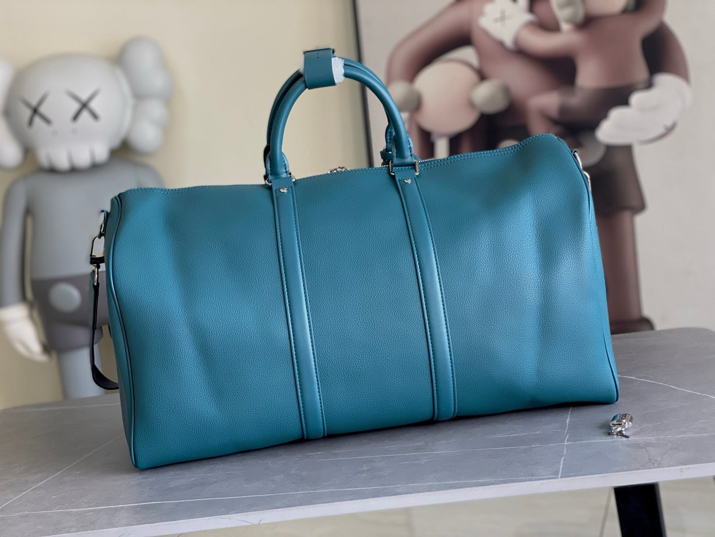 LV Keepall Bandoulière 50  Aerogram Teal Blue Duffle Bag – Grained Calf Leather Weekender