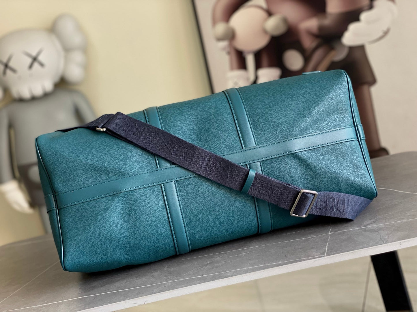 LV Keepall Bandoulière 50  Aerogram Teal Blue Duffle Bag – Grained Calf Leather Weekender