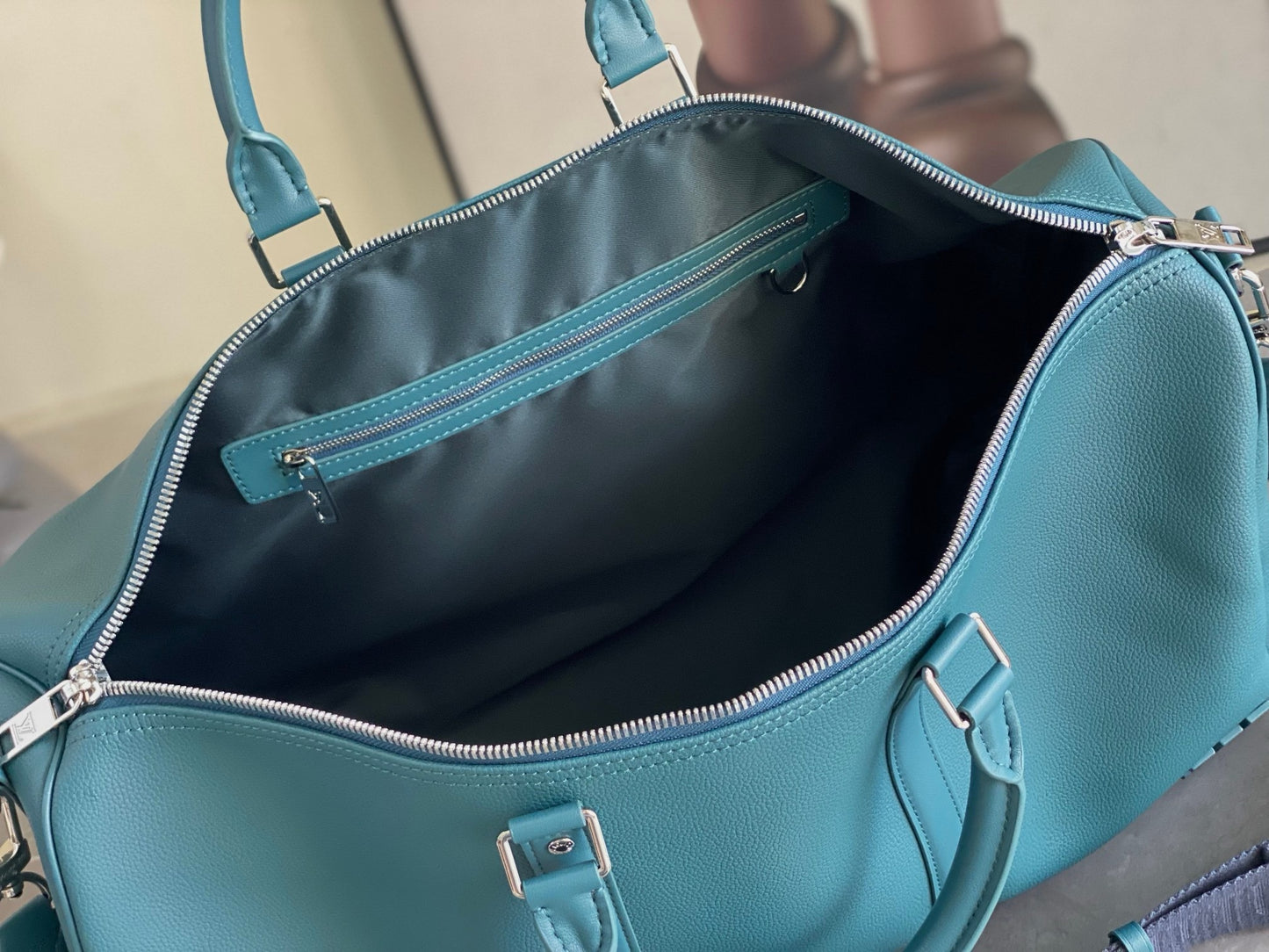 LV Keepall Bandoulière 50  Aerogram Teal Blue Duffle Bag – Grained Calf Leather Weekender
