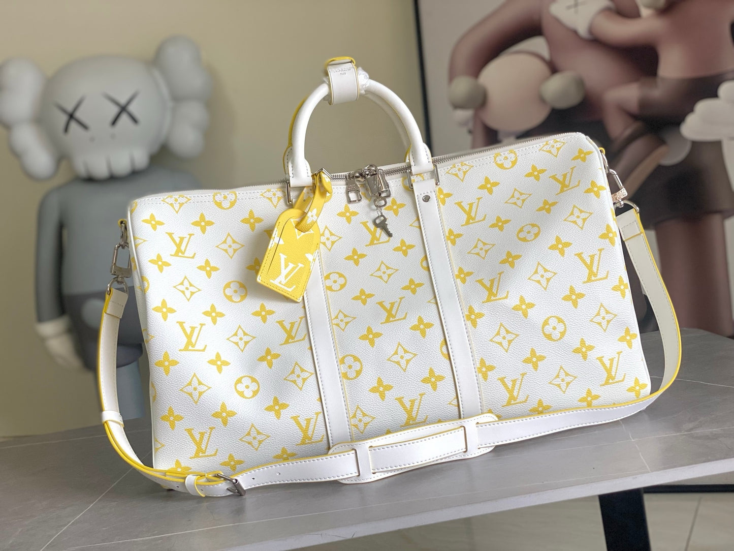 LV Keepall Bandoulière 50 Monogram White and Yellow Duffle Bag – Textured Canvas Weekender