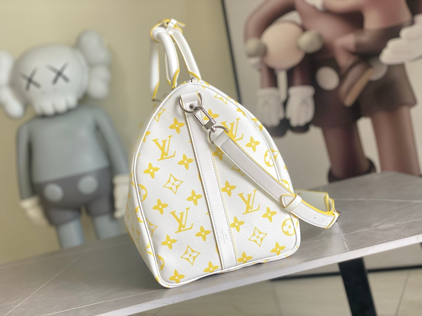 LV Keepall Bandoulière 50 Monogram White and Yellow Duffle Bag – Textured Canvas Weekender