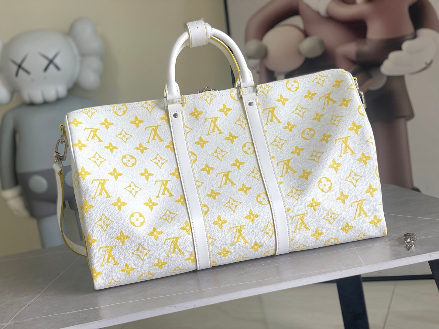 LV Keepall Bandoulière 50 Monogram White and Yellow Duffle Bag – Textured Canvas Weekender