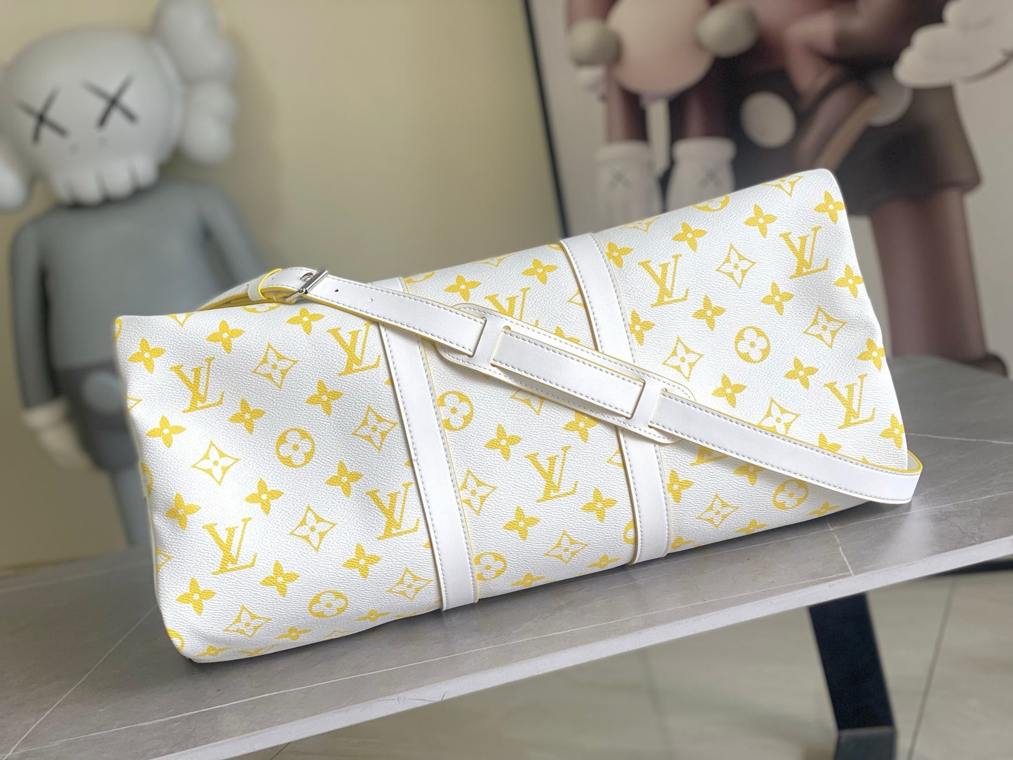LV Keepall Bandoulière 50 Monogram White and Yellow Duffle Bag – Textured Canvas Weekender