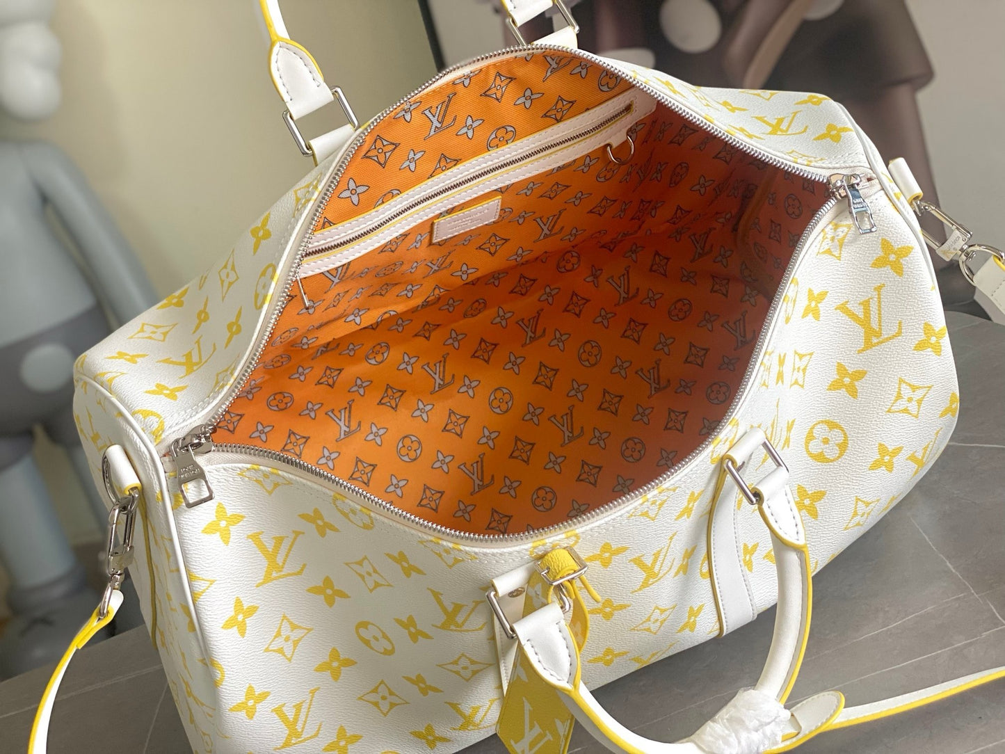 LV Keepall Bandoulière 50 Monogram White and Yellow Duffle Bag – Textured Canvas Weekender