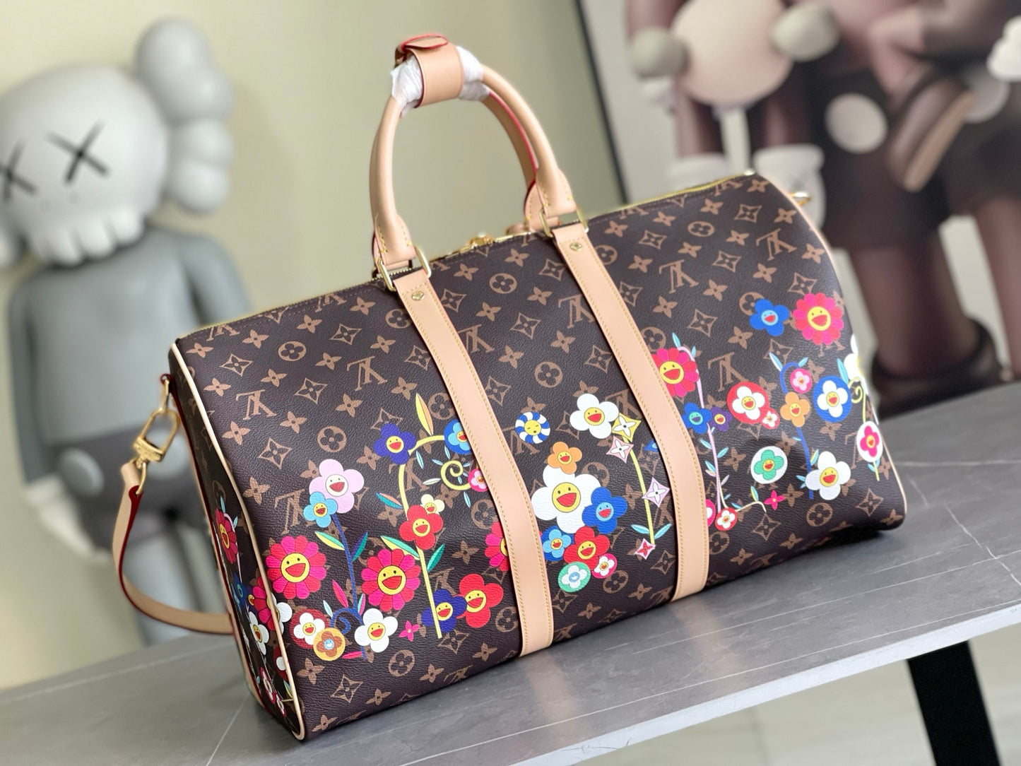 LV Takashi Murakami Monogram Flowers Keepall Bandoulière 50 – Brown Monogram Canvas Travel Duffel