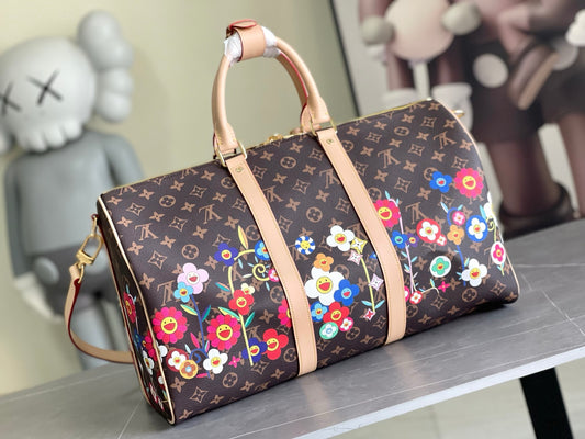 LV Takashi Murakami Monogram Flowers Keepall Bandoulière 50 – Brown Monogram Canvas Travel Duffel