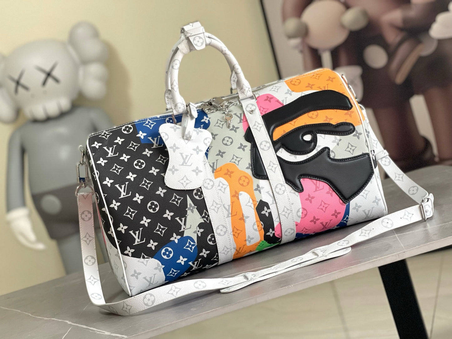 LV Keepall Bandoulière 50 Multicolor Monogram Camouflage Duffle Bag